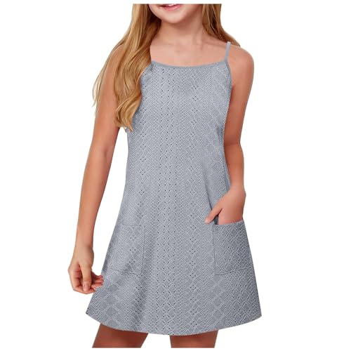 XINYUNZU Mädchen Kleider Sommer Atmungsaktiv Spaghettiträger Sommerkleid mit Taschen Freizeitkleid Festliches Kleid Dress Girl Sommerkleider für Kinder und Teenager Grau 7 Jahre von XINYUNZU