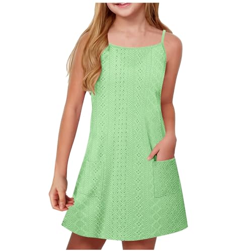 XINYUNZU Mädchen Kleider Sommer Atmungsaktiv Spaghettiträger Sommerkleid mit Taschen Freizeitkleid Festliches Kleid Dress Girl Sommerkleider für Kinder und Teenager Grün 12 Jahre von XINYUNZU