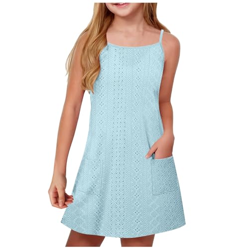 XINYUNZU Mädchen Kleider Sommer Atmungsaktiv Spaghettiträger Sommerkleid mit Taschen Freizeitkleid Festliches Kleid Dress Girl Sommerkleider für Kinder und Teenager Hellblau 5 Jahre von XINYUNZU