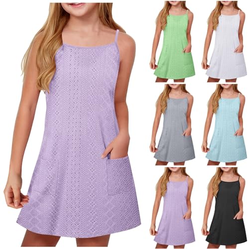 XINYUNZU Mädchen Kleider Sommer Atmungsaktiv Spaghettiträger Sommerkleid mit Taschen Freizeitkleid Festliches Kleid Dress Girl Sommerkleider für Kinder und Teenager Lila 14 Jahre von XINYUNZU