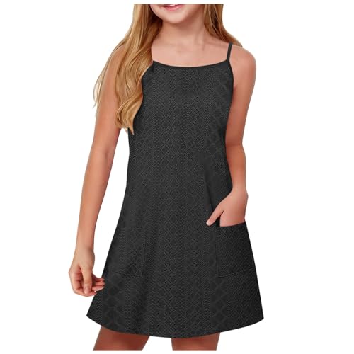 XINYUNZU Mädchen Kleider Sommer Atmungsaktiv Spaghettiträger Sommerkleid mit Taschen Freizeitkleid Festliches Kleid Dress Girl Sommerkleider für Kinder und Teenager Schwarz 14 Jahre von XINYUNZU
