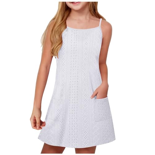 XINYUNZU Mädchen Kleider Sommer Atmungsaktiv Spaghettiträger Sommerkleid mit Taschen Freizeitkleid Festliches Kleid Dress Girl Sommerkleider für Kinder und Teenager Weiß 14 Jahre von XINYUNZU