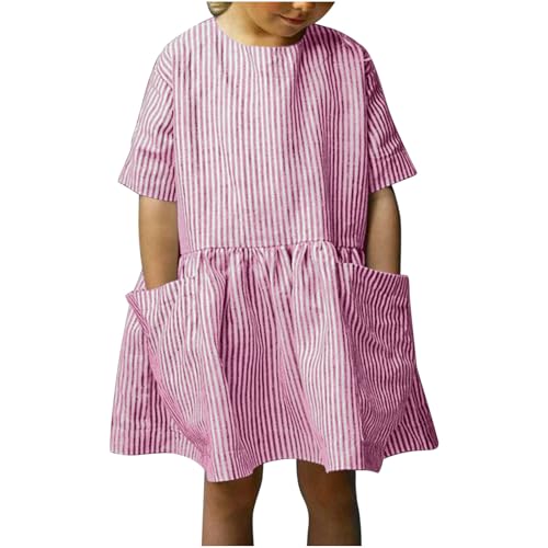 XINYUNZU Mädchen Kleider Sommer Baumwoll-Leinen Kleid Knielang Luftige Sommerkleid Kurzarm Freizeitkleid mit Taschen Streifenkleid Casual Cute Dress Girl Mädchenkleider für Kinder Pink 3–4 Jahre von XINYUNZU