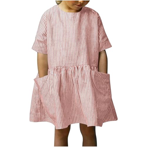 XINYUNZU Mädchen Kleider Sommer Baumwoll-Leinen Kleid Knielang Luftige Sommerkleid Kurzarm Freizeitkleid mit Taschen Streifenkleid Casual Cute Dress Girl Mädchenkleider für Kinder Rosa 3-4 Jahre von XINYUNZU