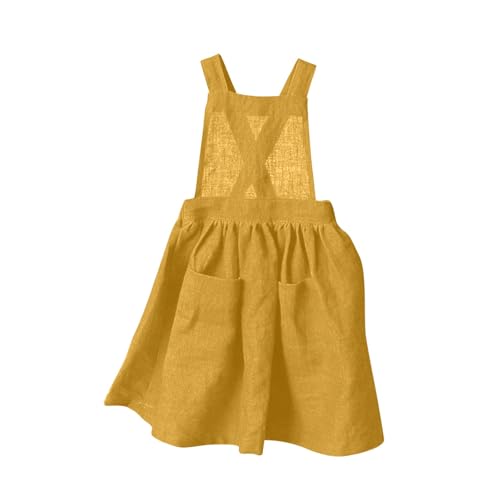 XINYUNZU Mädchen Kleider Sommer Trägerrock Baumwolle Leinen Kleid Luftige Sommerkleid Trägerkleid mit Rückenknöpfe und Taschen Freizeit Latzkleid Casual Rock Mädchenkleider für Kinder Gelb 7 Jahre von XINYUNZU