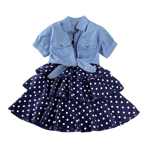 XINYUNZU Mädchen Kleider mit Jeans-Jacke Kurzarm Spaghettiträger Sommerkleid Gepunktetes Kleid Cute Polka Dot Dress Girls Sommer Outfits Kleidung Set 2-Teilig Mode Mädchenkleider Blau 9–10 Jahre von XINYUNZU
