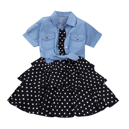 XINYUNZU Mädchen Kleider mit Jeans-Jacke Kurzarm Spaghettiträger Sommerkleid Gepunktetes Kleid Cute Polka Dot Dress Girls Sommer Outfits Kleidung Set 2-Teilig Mode Mädchenkleider Schwarz 11-12 Jahre von XINYUNZU