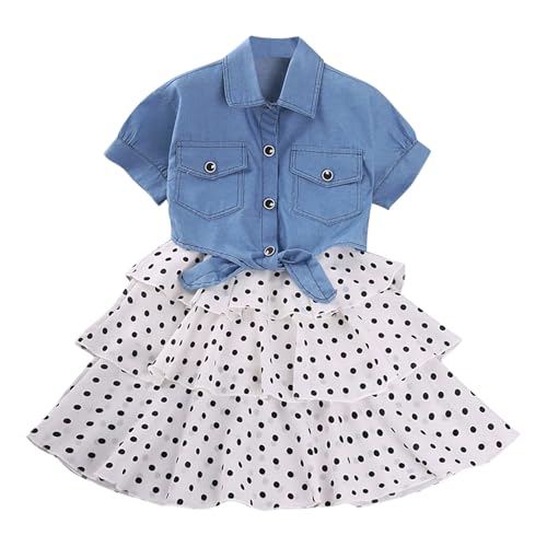 XINYUNZU Mädchen Kleider mit Jeans-Jacke Kurzarm Spaghettiträger Sommerkleid Gepunktetes Kleid Cute Polka Dot Dress Girls Sommer Outfits Kleidung Set 2-Teilig Mode Mädchenkleider Weiß 5-6 Jahre von XINYUNZU