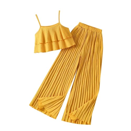 XINYUNZU Mädchen Kleidung Chiffon Sommer Outfit 2-Teilig Cami Crop Top mit Rüschen + Faltenhose Set Mode Kinderkleidung Trägershirt und Hose Leicht Bekleidungssets für Kinder Gelb 11 Jahre von XINYUNZU
