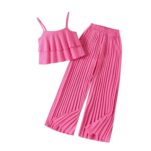 XINYUNZU Mädchen Kleidung Chiffon Sommer Outfit 2-Teilig Cami Crop Top mit Rüschen + Faltenhose Set Mode Kinderkleidung Trägershirt und Hose Leicht Bekleidungssets für Kinder Heißes Rosa 11 Jahre von XINYUNZU
