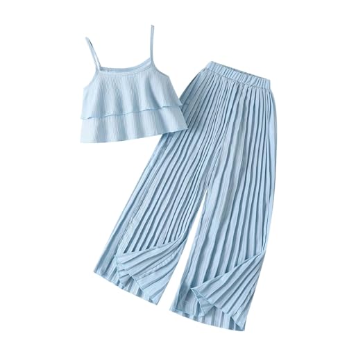 XINYUNZU Mädchen Kleidung Chiffon Sommer Outfit 2-Teilig Cami Crop Top mit Rüschen + Faltenhose Set Mode Kinderkleidung Trägershirt und Hose Leicht Bekleidungssets für Kinder Hellblau 11 Jahre von XINYUNZU