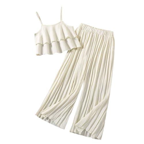 XINYUNZU Mädchen Kleidung Chiffon Sommer Outfit 2-Teilig Cami Crop Top mit Rüschen + Faltenhose Set Mode Kinderkleidung Trägershirt und Hose Leicht Bekleidungssets für Kinder Khaki 8 Jahre von XINYUNZU