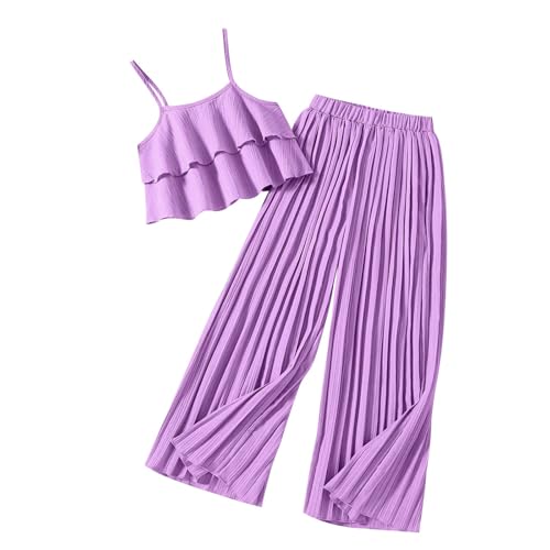 XINYUNZU Mädchen Kleidung Chiffon Sommer Outfit 2-Teilig Cami Crop Top mit Rüschen + Faltenhose Set Mode Kinderkleidung Trägershirt und Hose Leicht Bekleidungssets für Kinder Lila 10 Jahre von XINYUNZU