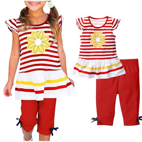 XINYUNZU Mädchen Kleidung Kinderkleidung Sommerkleid Kleider + Hose 7/8 Set Sommer Klamotten Kinder Freizeitanzug Bekleidungssets für Mädchen 1-10 Jahre 2 Teiler Deals Rot 4 Jahre von XINYUNZU