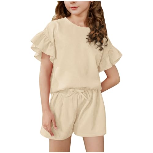 XINYUNZU Mädchen Kleidung Shirt mit Rüschen + Shorts Sommer Outfit 2 Teilig Kinderkleidung Bluse und Kurze Hose Anzug Set Casual Klamotten Bekleidungssets für Kinder und Teenager Beige 4-5 Jahre von XINYUNZU