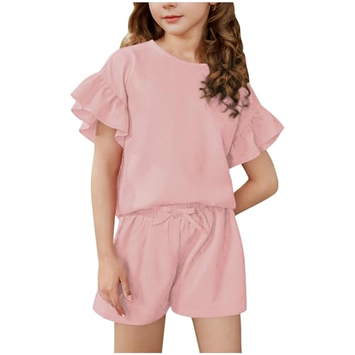 XINYUNZU Mädchen Kleidung Shirt mit Rüschen + Shorts Sommer Outfit 2 Teilig Kinderkleidung Bluse und Kurze Hose Anzug Set Casual Klamotten Bekleidungssets für Kinder und Teenager Rosa 12–13 Jahre von XINYUNZU