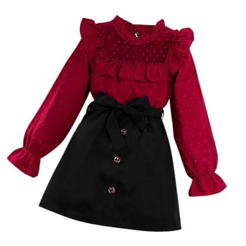 XINYUNZU Mädchen Kuschelanzug Langarmshirt mit Spitze und Rock Set 2 Teiler Outfit Kinderkleidung Süße Klamotten Mode Bekleidungssets für 8-12 Jahre Alt Warehouse Rot 8 Jahre von XINYUNZU