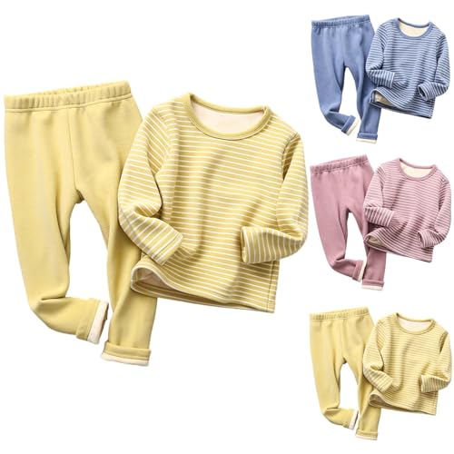 XINYUNZU Mädchen Langarmshirt Gestreift mit Thermohose Kinder Kleidung Set Thermo 2 Teiler Hausanzug Thermounterwäsche Casual Klamotten Fleece Bekleidungssets für 3-10 Jahre Alt Angebote Gelb 5 Jahre von XINYUNZU
