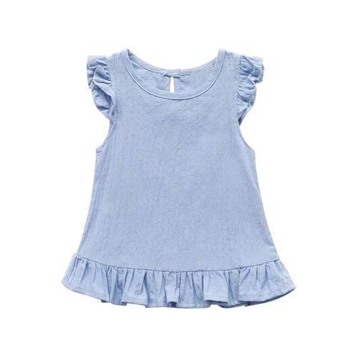 XINYUNZU Mädchen Shirt Ärmellos Baumwolle Leinen Bluse Leicht und Luftig Casual Top Girl Sommer Freizeit Oberteile Blusenshirt mit Rüschen Einfarbige Tops für Kinder Hellblau 3 Jahre von XINYUNZU
