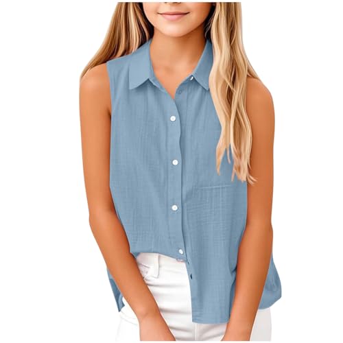 XINYUNZU Mädchen Shirt Ärmellos Baumwolle und Leinen Bluse Träger Top mit Fake-Zwei-Teile-Look Sommer Top Girls Freizeit Oberteil Mode Blusen für Kinder Blau 7 Jahre von XINYUNZU