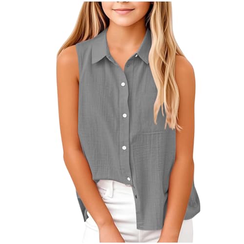 XINYUNZU Mädchen Shirt Ärmellos Baumwolle und Leinen Bluse Träger Top mit Fake-Zwei-Teile-Look Sommer Top Girls Freizeit Oberteil Mode Blusen für Kinder Gray 13 Jahre von XINYUNZU