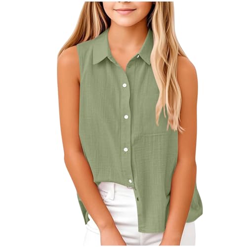 XINYUNZU Mädchen Shirt Ärmellos Baumwolle und Leinen Bluse Träger Top mit Fake-Zwei-Teile-Look Sommer Top Girls Freizeit Oberteil Mode Blusen für Kinder Grün 15 Jahre von XINYUNZU