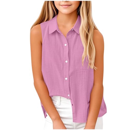 XINYUNZU Mädchen Shirt Ärmellos Baumwolle und Leinen Bluse Träger Top mit Fake-Zwei-Teile-Look Sommer Top Girls Freizeit Oberteil Mode Blusen für Kinder Rosa 9 Jahre von XINYUNZU