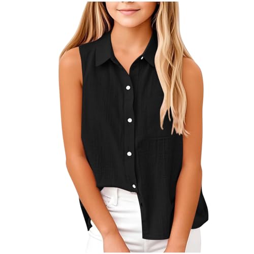 XINYUNZU Mädchen Shirt Ärmellos Baumwolle und Leinen Bluse Träger Top mit Fake-Zwei-Teile-Look Sommer Top Girls Freizeit Oberteil Mode Blusen für Kinder Schwarz 15 Jahre von XINYUNZU
