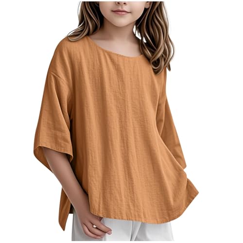 XINYUNZU Mädchen Shirt Dreiviertelarm Baumwolle Leinen Bluse Sommer Freizeit Oberteil Elegant Top Girls T-Shirt Rundhals Einfarbig Mode Lose Blusen Kinder Braun 7 Jahre von XINYUNZU