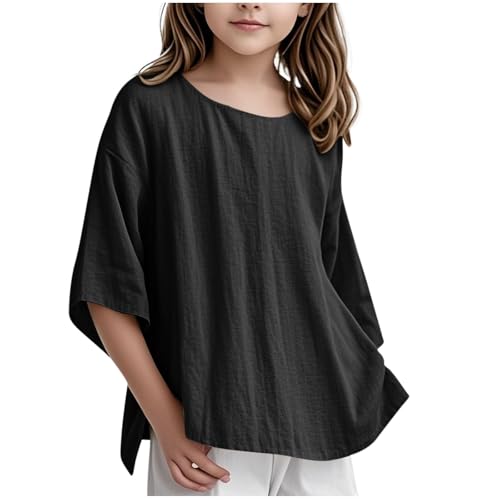XINYUNZU Mädchen Shirt Dreiviertelarm Baumwolle Leinen Bluse Sommer Freizeit Oberteil Elegant Top Girls T-Shirt Rundhals Einfarbig Mode Lose Blusen Kinder Schwarz 12 Jahre von XINYUNZU