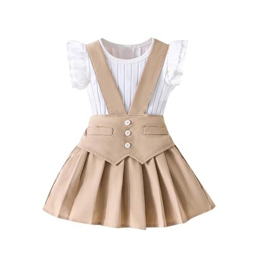 XINYUNZU Mädchen Sommer Outfit Baumwolle Shirt Rüschenärmel und Faltenrock Set Kuschelanzug Kinder Mode Kinderkleidung Top mit Rock Set Casual Bekleidungssets für 3-9 Jahre Khaki 5 Jahre von XINYUNZU