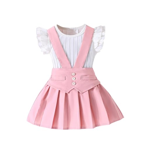 XINYUNZU Mädchen Sommer Outfit Baumwolle Shirt Rüschenärmel und Faltenrock Set Kuschelanzug Kinder Mode Kinderkleidung Top mit Rock Set Casual Bekleidungssets für 3-9 Jahre Rosa 5 Jahre von XINYUNZU