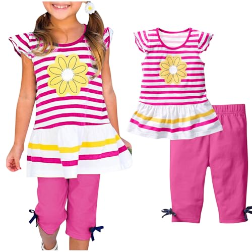 XINYUNZU Mädchen Sommerkleid Rüschenärmel und 3/4 Hose Sommer Outfits Set 2-Teilig Kinder Kleidung Mode Kinderkleidung Shirt Gestreift mit Sommerhose Kuschel Bekleidungssets Pink 7 Jahre von XINYUNZU