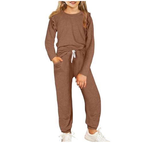 XINYUNZU Mädchen Sportanzug Langarmshirt mit Rüschenärmel + Jogginghose Set Kuschelanzug 2 Teiler Casual Outfit Hausanzug Kinder Kleidung Bekleidungssets Lässige Klamotten Braun von XINYUNZU