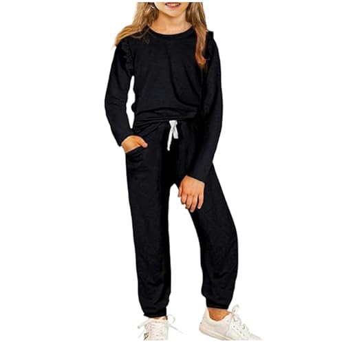 XINYUNZU Mädchen Sportanzug Langarmshirt mit Rüschenärmel und Jogginghose Kuschelanzug 2 Teiler Casual Outfit Hausanzug Kinder Kleidung Set Bekleidungssets Lässige Klamotten Angebote Schwarz 12 Jahre von XINYUNZU