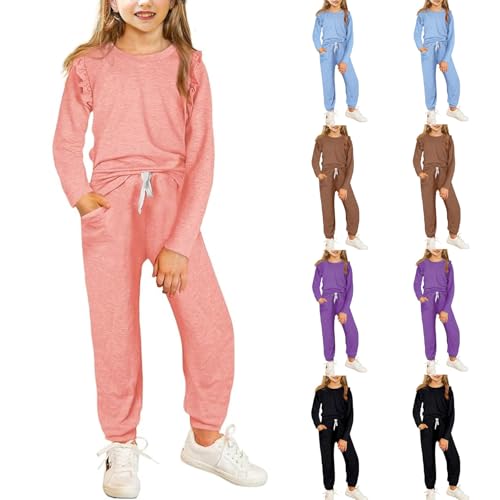 XINYUNZU Mädchen Sportanzug Langarmshirt mit Rüschenärmel und Jogginghose Kuschelanzug 2 Teiler Casual Outfit Hausanzug Kinder Kleidung Set Bekleidungssets Lässige Klamotten Outlet Rosa 10 Jahre von XINYUNZU