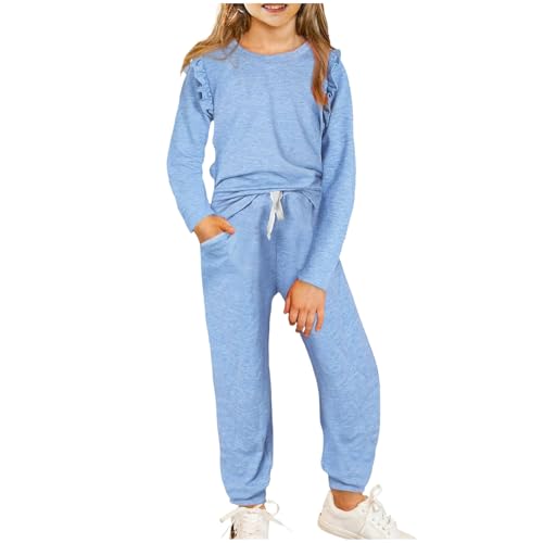 XINYUNZU Mädchen Sportanzug Langarmshirt mit Rüschenärmel und Jogginghose Kuschelanzug 2 Teiler Casual Outfit Hausanzug Kinder Kleidung Set Bekleidungssets Lässige Klamotten Sale Blau 8 Jahre von XINYUNZU