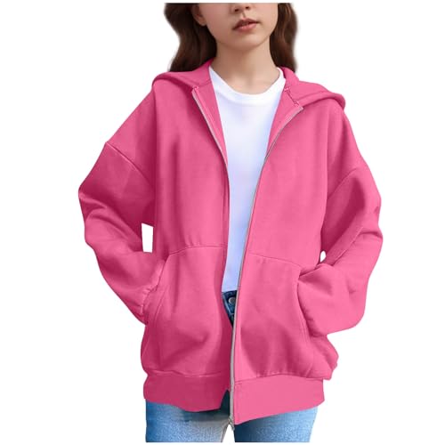 XINYUNZU Mädchen Sweatjacke Kapuzenpullover mit Reißverschluss Kapuzenjacke Einfarbig Hoodie Outdoor Übergangsjacke Sweatshirt Jacke Kuschelhoodie Jacken für Kinder und Teenager Heißes Rosa 150 von XINYUNZU