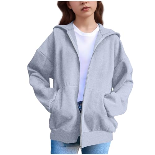 XINYUNZU Mädchen Sweatjacke Kapuzenpullover mit Reißverschluss Kapuzenjacke Einfarbig Langarm Hoodie Outdoor Übergangsjacke Sweatshirt Jacke Kuschelhoodie Jacken für Kinder und Teenager Grau 150 von XINYUNZU