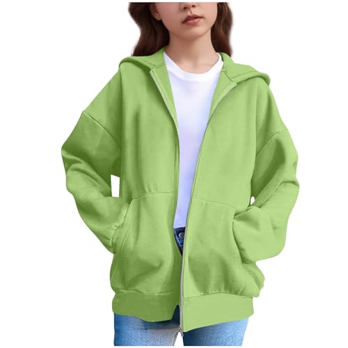 XINYUNZU Mädchen Sweatjacke Kapuzenpullover mit Reißverschluss Kapuzenjacke Einfarbig Langarm Hoodie Outdoor Übergangsjacke Sweatshirt Jacke Kuschelhoodie Jacken für Kinder und Teenager Grün 160 von XINYUNZU