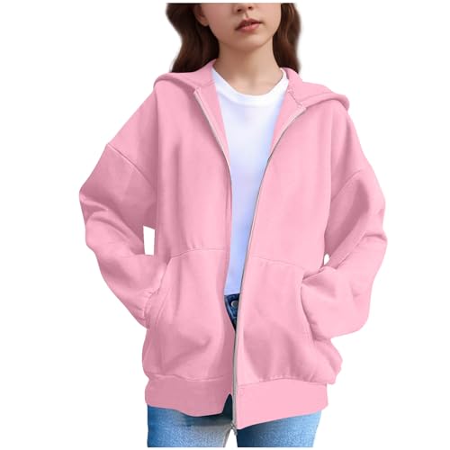 XINYUNZU Mädchen Sweatjacke Kapuzenpullover mit Reißverschluss Kapuzenjacke Einfarbig Langarm Hoodie Outdoor Übergangsjacke Sweatshirt Jacke Kuschelhoodie Jacken für Kinder und Teenager Rosa 150 von XINYUNZU