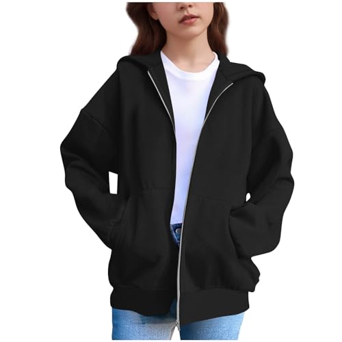 XINYUNZU Mädchen Sweatjacke Kapuzenpullover mit Reißverschluss Kapuzenjacke Einfarbig Langarm Hoodie Outdoor Übergangsjacke Sweatshirt Jacke Kuschelhoodie Jacken für Kinder und Teenager Schwarz 170 von XINYUNZU