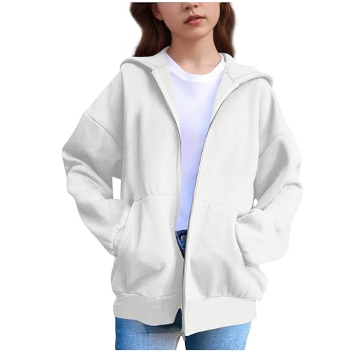 XINYUNZU Mädchen Sweatjacke Kapuzenpullover mit Reißverschluss Kapuzenjacke Einfarbig Langarm Hoodie Outdoor Übergangsjacke Sweatshirt Jacke Kuschelhoodie Jacken für Kinder und Teenager Weiß 140 von XINYUNZU
