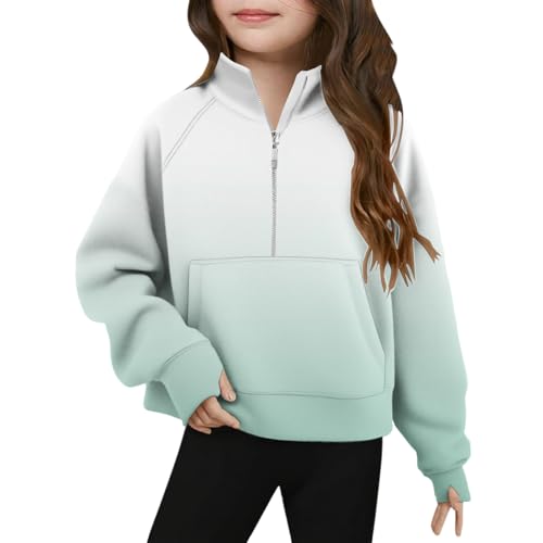 XINYUNZU Mädchen Sweatshirt mit Stehkragen & Reißverschluss Oberteile Langarm Langarmshirt Outdoor Pullover Sweatshirts für Kinder und Teenager Grün 11 Jahre von XINYUNZU