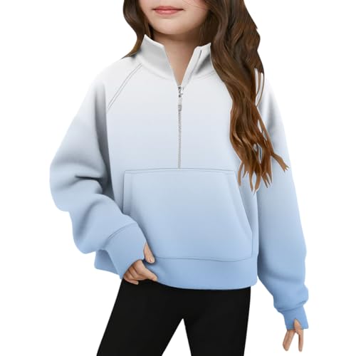 XINYUNZU Mädchen Sweatshirt mit Stehkragen & Reißverschluss Oberteile Langarm Langarmshirt Outdoor Pullover Sweatshirts für Kinder und Teenager Hellblau 9 Jahre von XINYUNZU