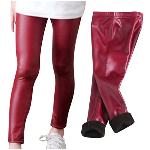 XINYUNZU Mädchen Thermo Leggings Lederimitat-Hose Thermoleggings Fleece Gefütterte Leggings Thermohose Kinder Warme Winterhose Kuschel Hose 2-11 Jahre Alt Rot 3-4 Jahre von XINYUNZU