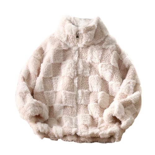 XINYUNZU Mädchen Winterjacke Karierte Fleecejacke Stehkragen Verdickte Fleece Jacke mit Reißverschluss Girl Coat Warm Kinder Kuscheljacke Outdoor Jacken für 2-15 Jahre Alt Beige 160 von XINYUNZU