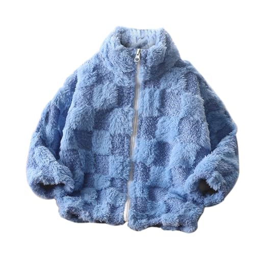 XINYUNZU Mädchen Winterjacke Karierte Fleecejacke Stehkragen Verdickte Fleece Jacke mit Reißverschluss Girl Coat Warm Kinder Kuscheljacke Outdoor Jacken für 2-15 Jahre Alt Blau 150 von XINYUNZU
