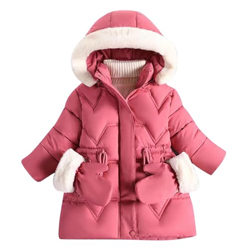 XINYUNZU Mädchen Wintermantel Baumwolle Lange Winterjacke Fleece Gefüttert Mantel mit Abnehmbarer Kapuze & Handschuhe Kinder Daunenmantel Girl Coat Outdoor Jacke Sale Angebote Wassermelonenrot 130 von XINYUNZU