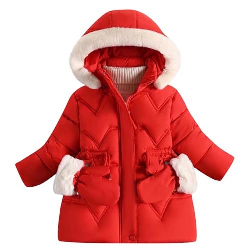 XINYUNZU Mädchen Wintermantel Baumwolle Lange Winterjacke Fleece Gefüttert Mantel mit Abnehmbarer Kapuze & Handschuhe Kinder Daunenmantel Girl Coat Outdoor Jacke Warehouse Deal Rot 140 von XINYUNZU